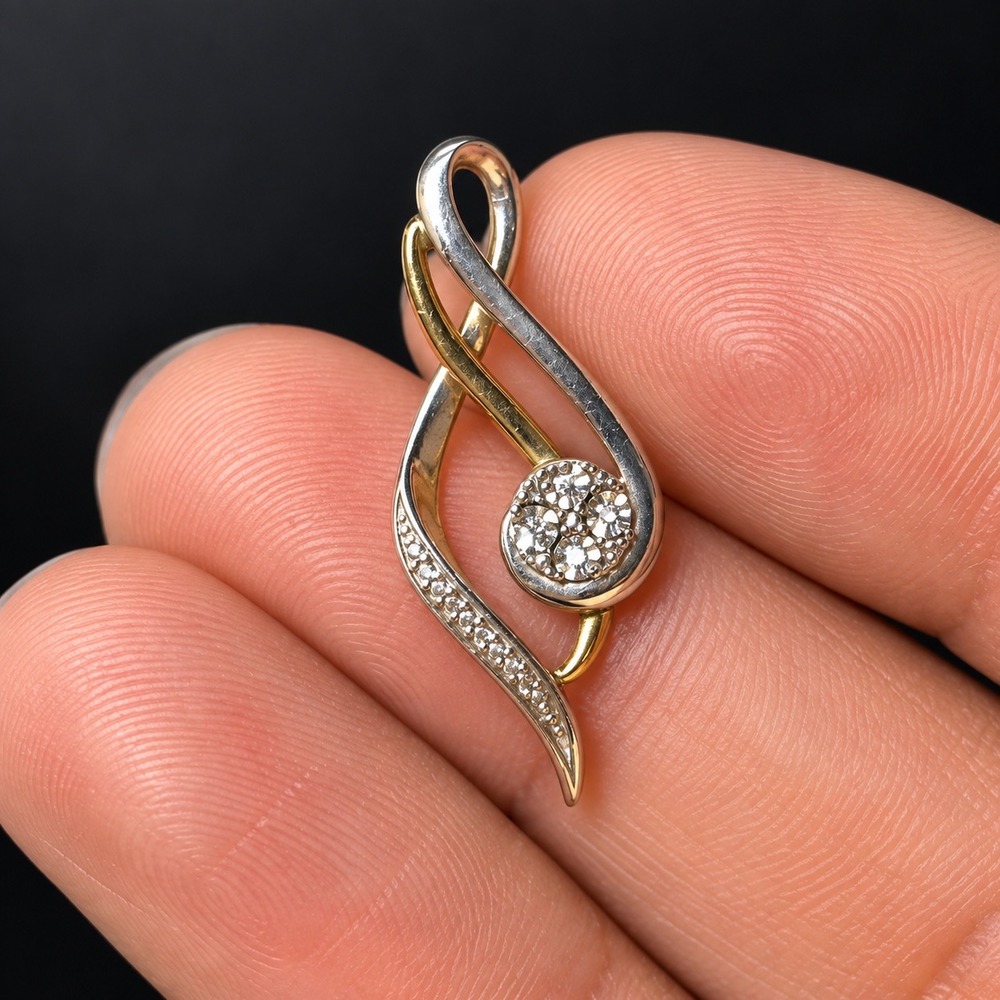 10K Gold 925 Sterling Silver Swirl Pendant Vintage Two Tone Clear Stone Jewelry